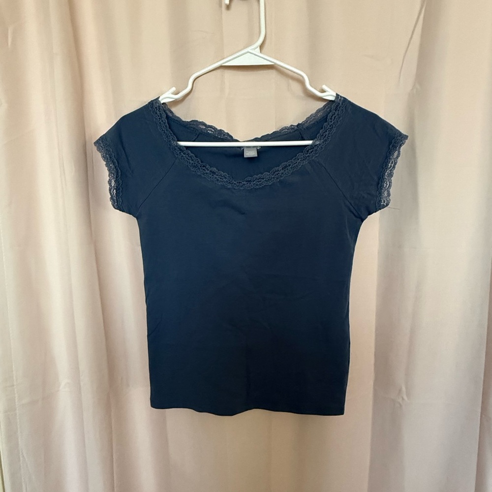 Tilly's Dark Blue Lace Trim Short Sleeve Top